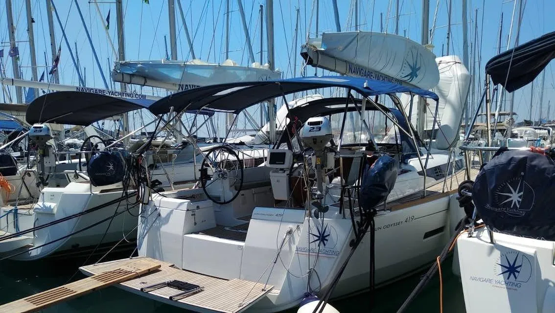 Exterior view of Tumbleweed, a Jeanneau Sun Odyssey 419 sailboat at Kontokali, Greece