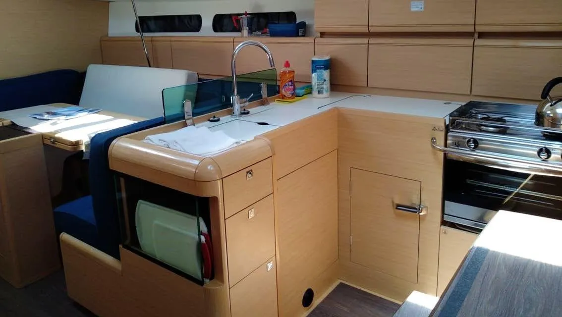 Galley of Tumbleweed, a Jeanneau Sun Odyssey 419 sailboat at Kontokali, Greece