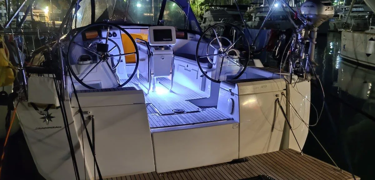 Cockpit of Tumbleweed, a Jeanneau Sun Odyssey 419 sailboat at Kontokali, Greece