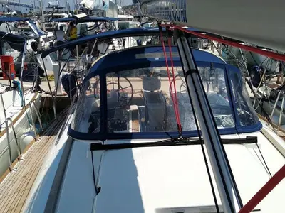 Deck of Tumbleweed, a Jeanneau Sun Odyssey 419 sailboat at Kontokali, Greece