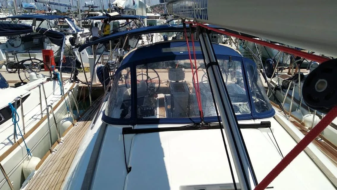 Deck of Tumbleweed, a Jeanneau Sun Odyssey 419 sailboat at Kontokali, Greece