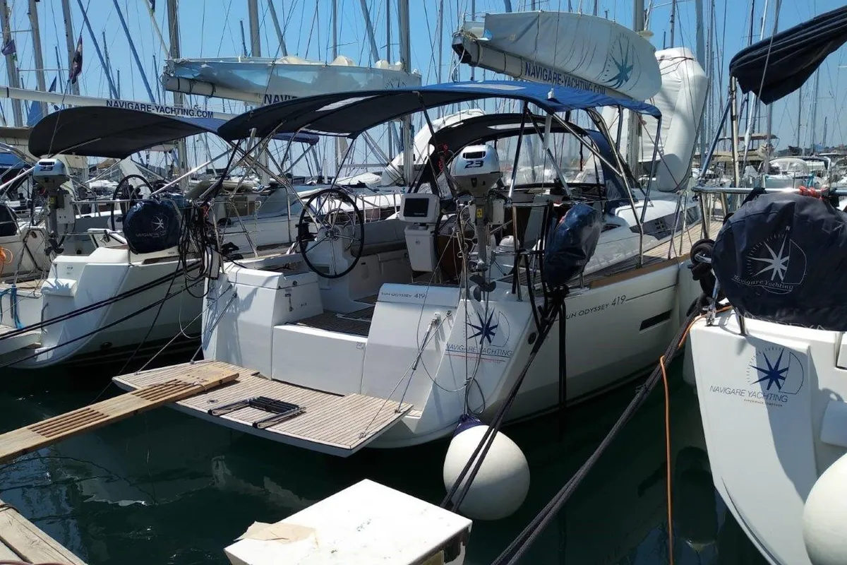 Exterior view of Tumbleweed, a Jeanneau Sun Odyssey 419 sailboat at Kontokali, Greece