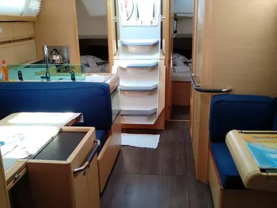 Salon of Tumbleweed, a Jeanneau Sun Odyssey 419 sailboat at Kontokali, Greece