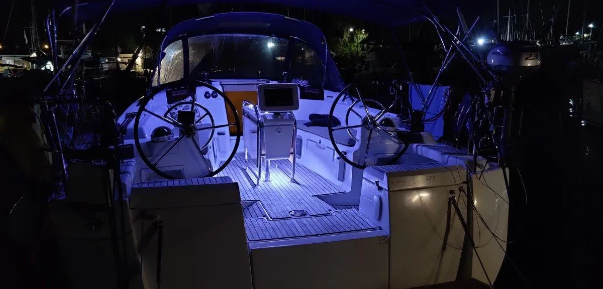 Cockpit of Tumbleweed, a Jeanneau Sun Odyssey 419 sailboat at Kontokali, Greece