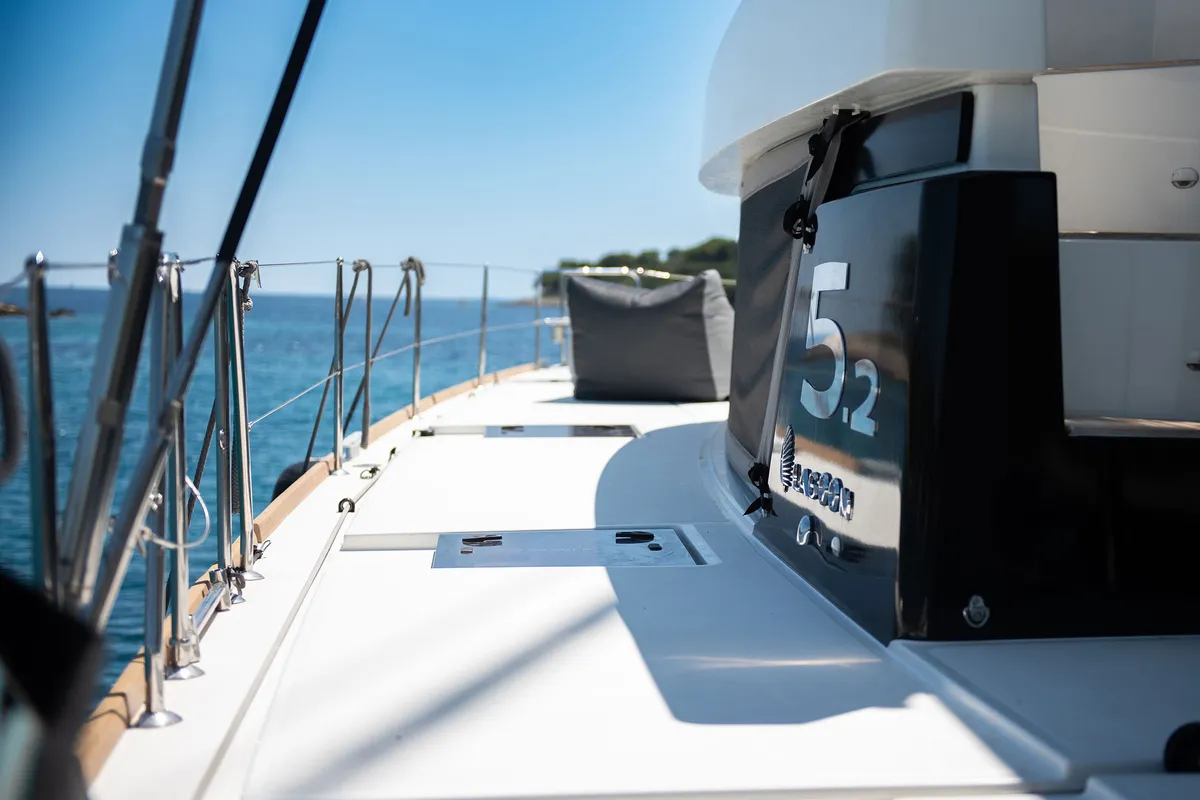 Deck of Serenity I, a Lagoon 52F catamaran at Grad Kaštela, Croatia