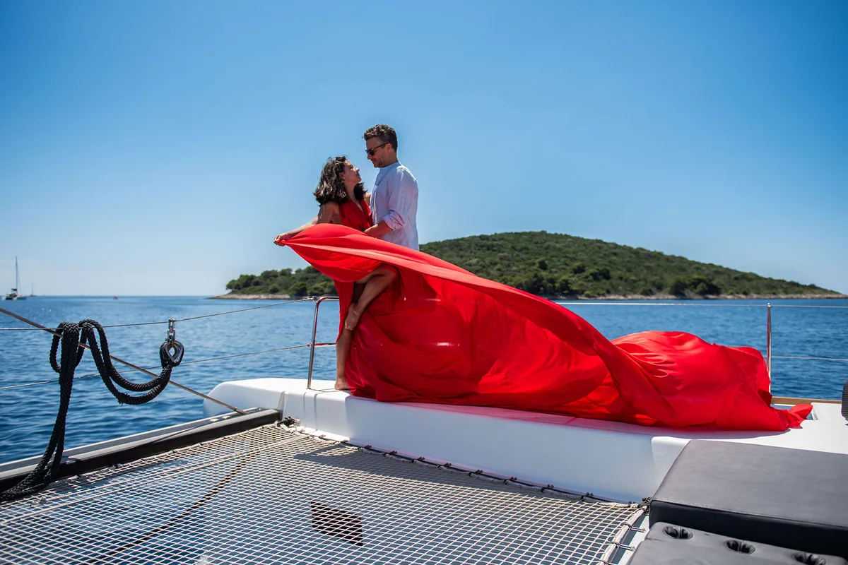 Exterior view of Serenity I, a Lagoon 52F catamaran at Grad Kaštela, Croatia