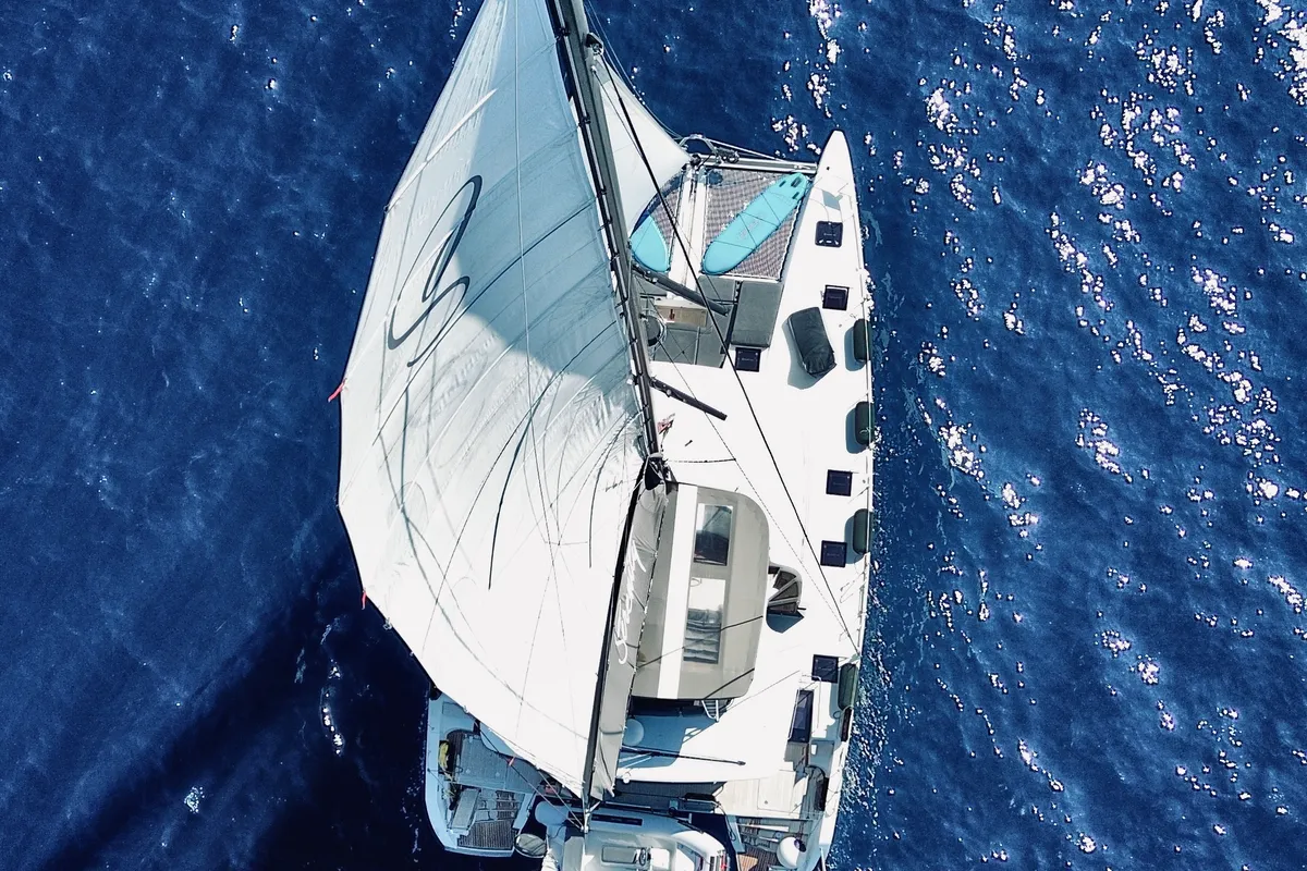 Exterior view of Serenity I, a Lagoon 52F catamaran at Grad Kaštela, Croatia
