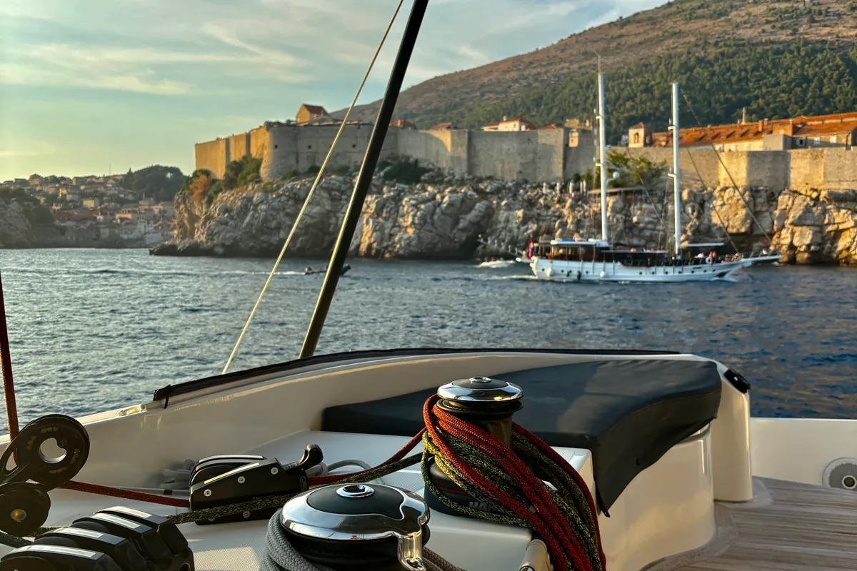 Exterior view of Serenity I, a Lagoon 52F catamaran at Grad Kaštela, Croatia