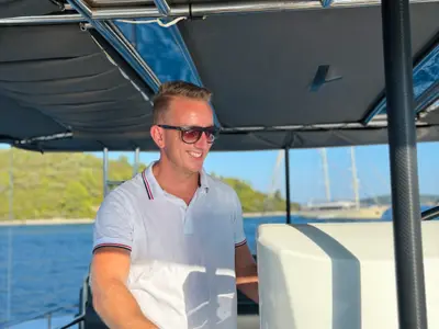 Cockpit of Serenity I, a Lagoon 52F catamaran at Grad Kaštela, Croatia