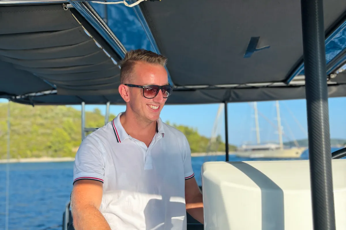 Cockpit of Serenity I, a Lagoon 52F catamaran at Grad Kaštela, Croatia
