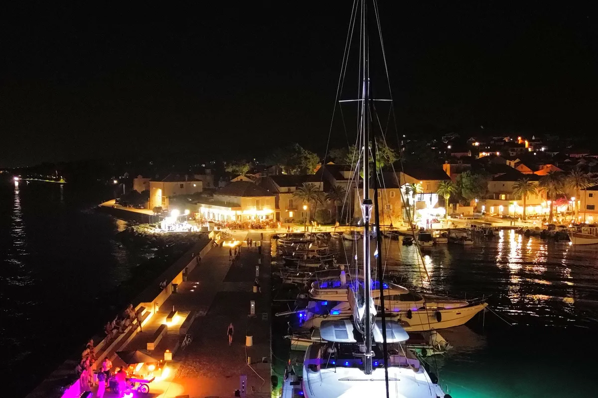 Exterior view of Serenity I, a Lagoon 52F catamaran at Grad Kaštela, Croatia