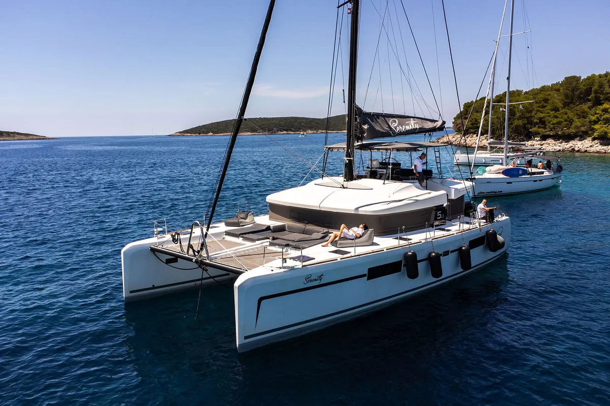 Exterior view of Serenity I, a Lagoon 52F catamaran at Grad Kaštela, Croatia