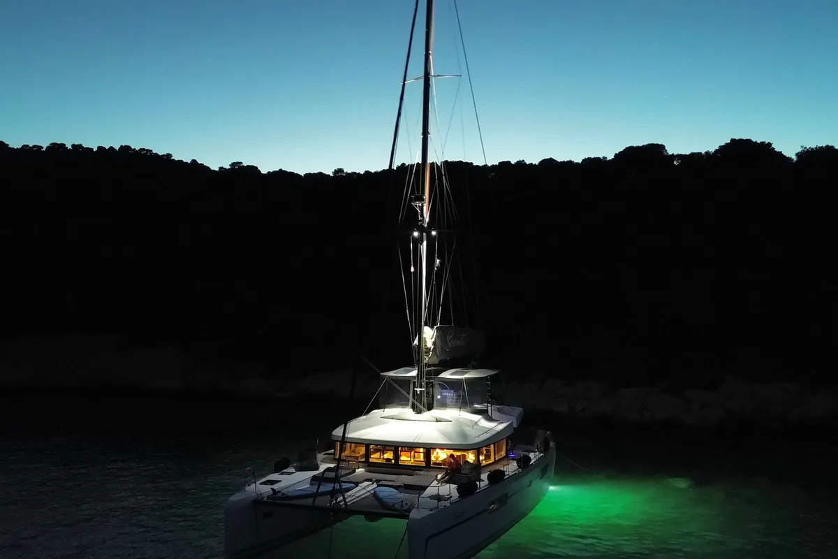 Exterior view of Serenity I, a Lagoon 52F catamaran at Grad Kaštela, Croatia