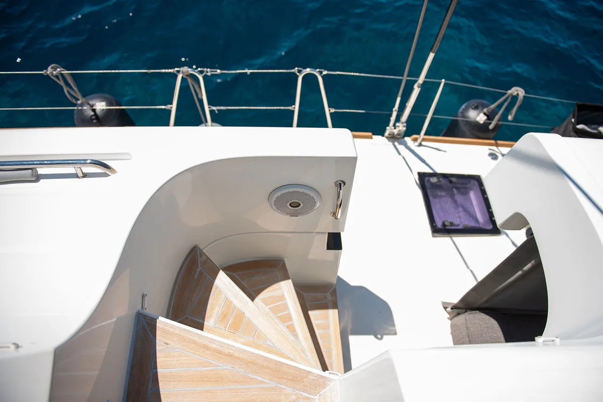 Deck of Serenity I, a Lagoon 52F catamaran at Grad Kaštela, Croatia