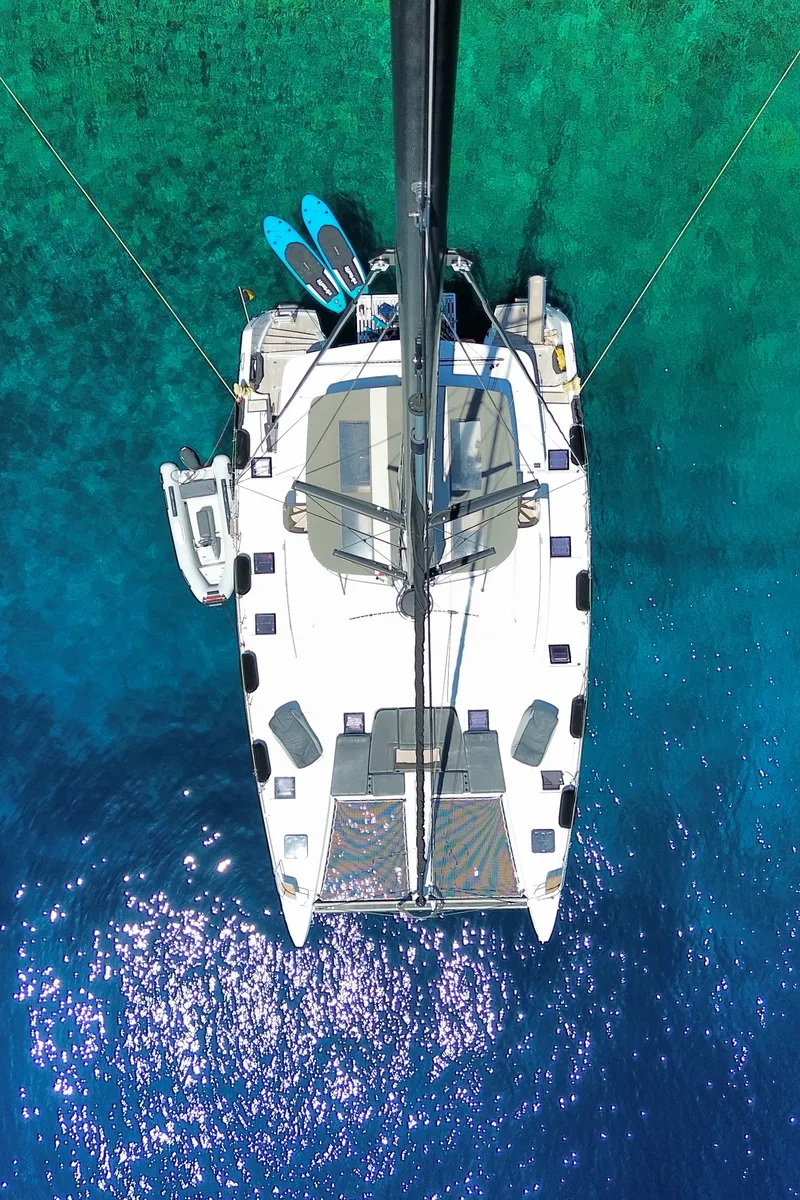 Exterior view of Serenity I, a Lagoon 52F catamaran at Grad Kaštela, Croatia