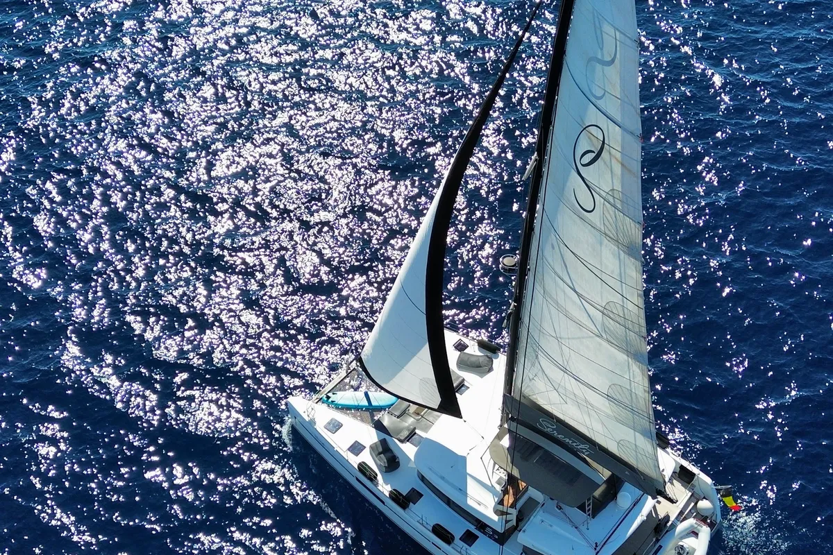 Exterior view of Serenity I, a Lagoon 52F catamaran at Grad Kaštela, Croatia