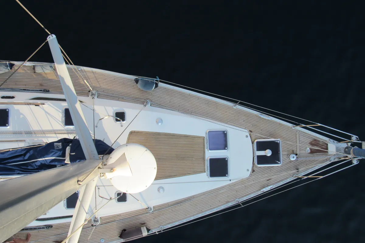 Deck of Ronik, a Jeanneau Sun Odyssey 52.2 sailboat at Lipari, Italy