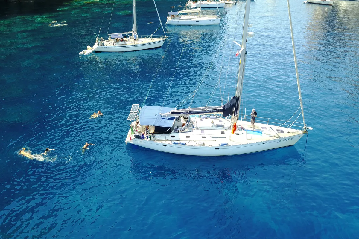 Exterior view of Ronik, a Jeanneau Sun Odyssey 52.2 sailboat at Lipari, Italy