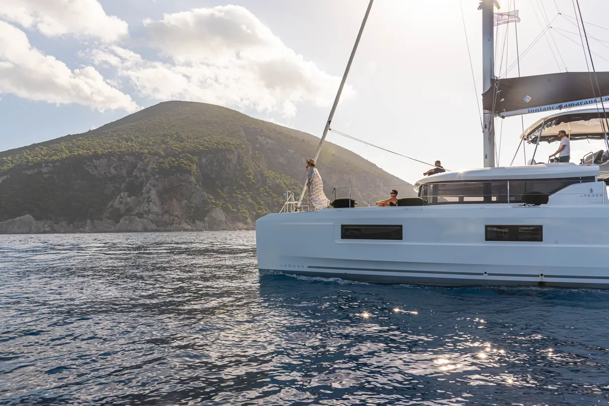 Exterior view of Spiritus, a Lagoon 46 catamaran at Municipal Unit of Lefkada, Greece