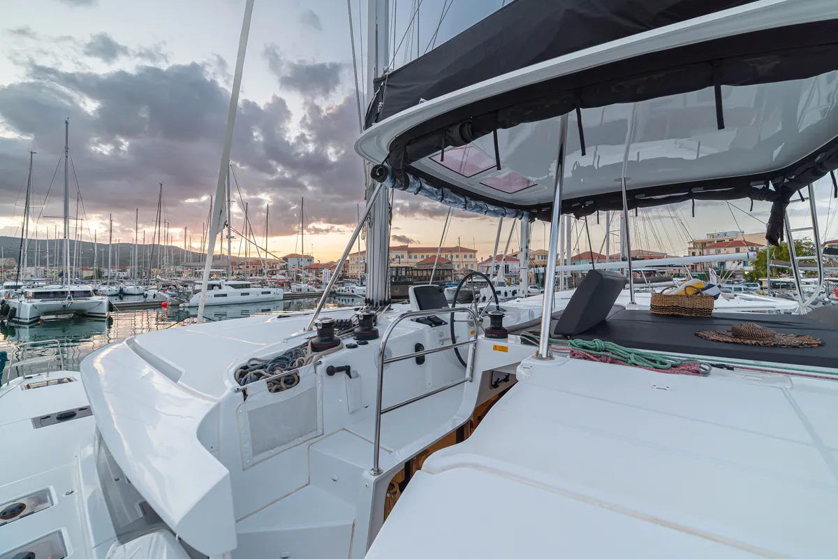 Cockpit of Spiritus, a Lagoon 46 catamaran at Municipal Unit of Lefkada, Greece
