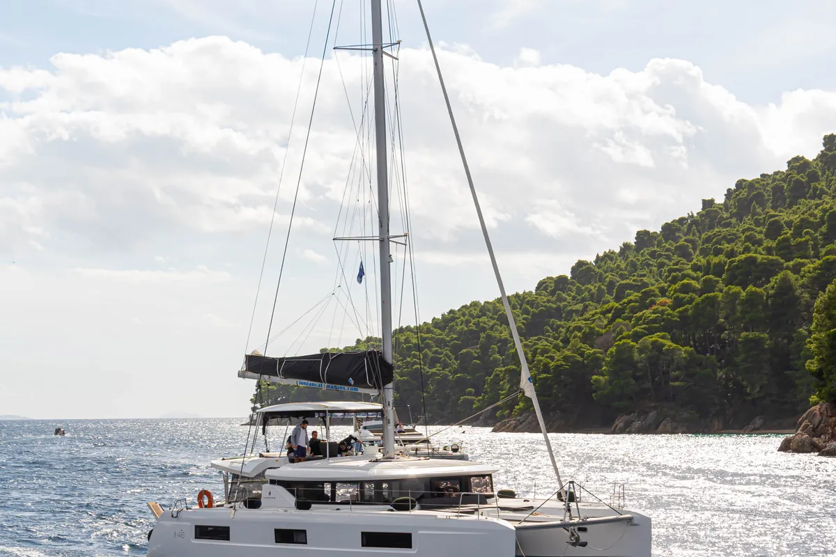 Exterior view of Spiritus, a Lagoon 46 catamaran at Municipal Unit of Lefkada, Greece