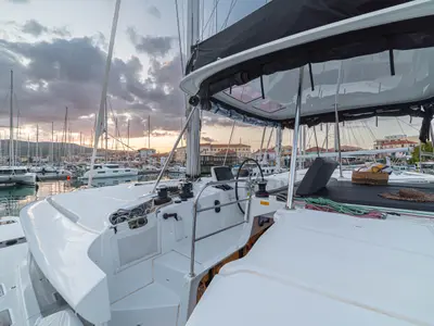 Cockpit of Spiritus, a Lagoon 46 catamaran at Municipal Unit of Lefkada, Greece