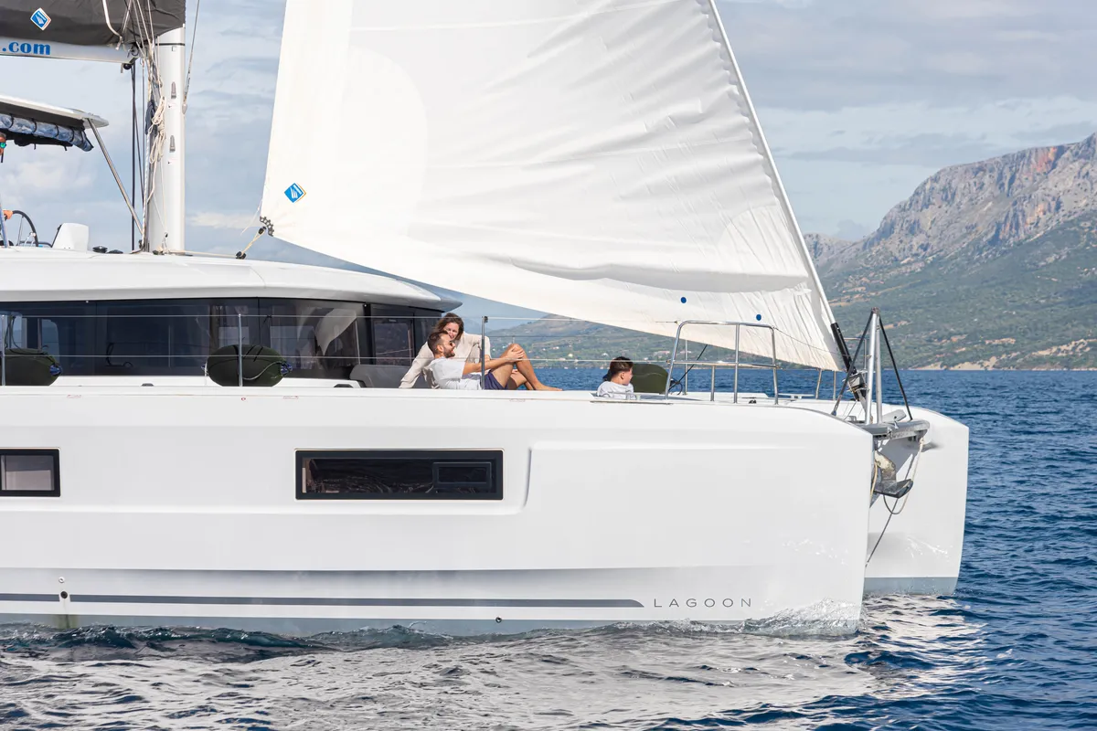 Exterior view of Spiritus, a Lagoon 46 catamaran at Municipal Unit of Lefkada, Greece