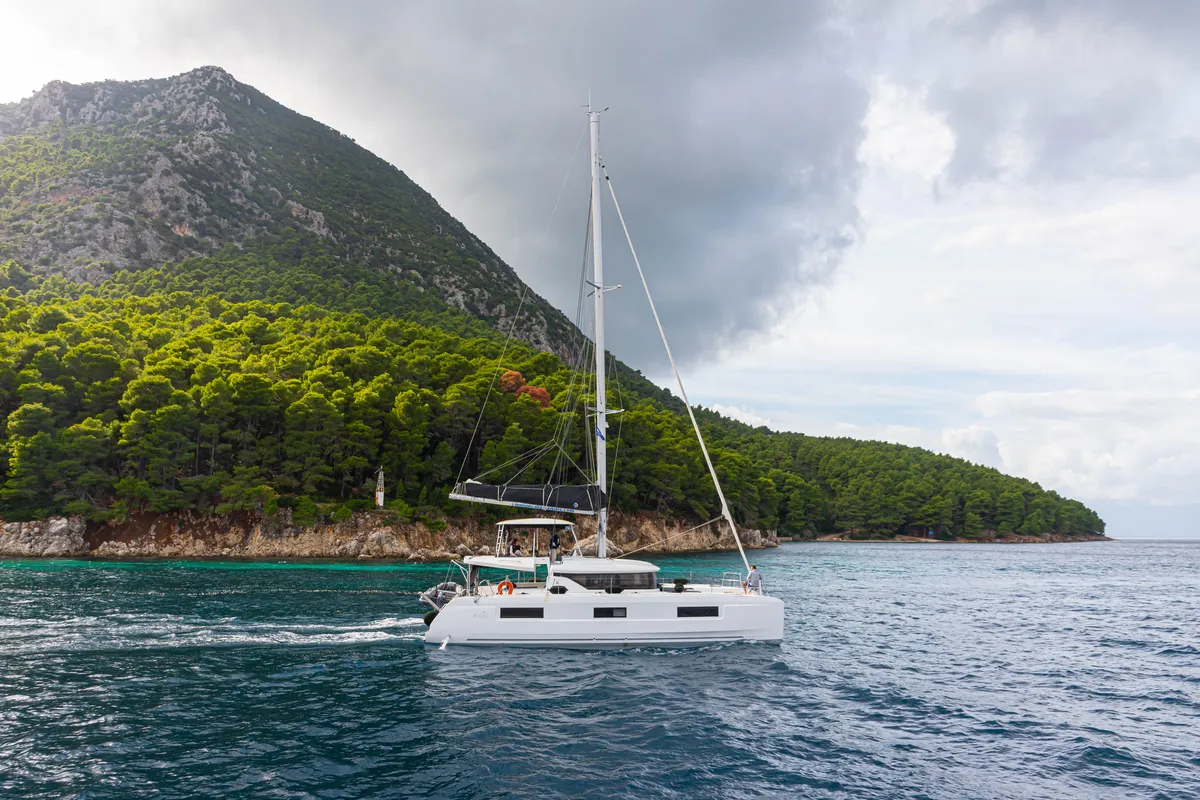 Exterior view of Spiritus, a Lagoon 46 catamaran at Municipal Unit of Lefkada, Greece