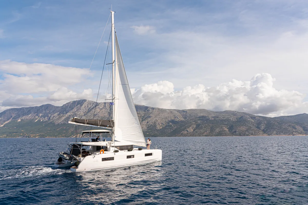 Exterior view of Spiritus, a Lagoon 46 catamaran at Municipal Unit of Lefkada, Greece