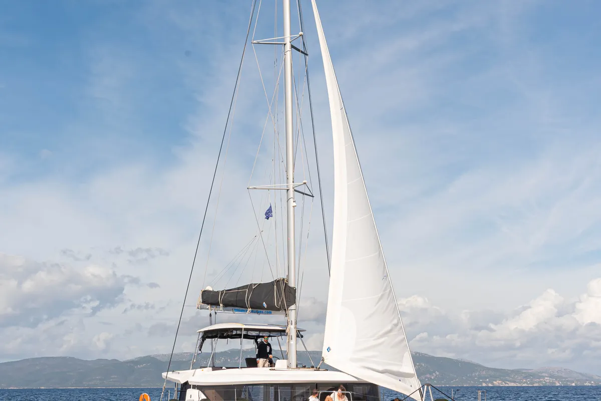 Exterior view of Spiritus, a Lagoon 46 catamaran at Municipal Unit of Lefkada, Greece