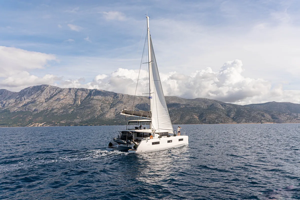 Exterior view of Spiritus, a Lagoon 46 catamaran at Municipal Unit of Lefkada, Greece