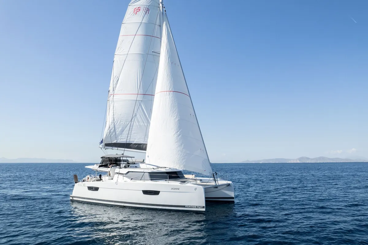 Exterior view of Jasmine, a Fountaine Pajot Elba 45 catamaran at Athens, Greece