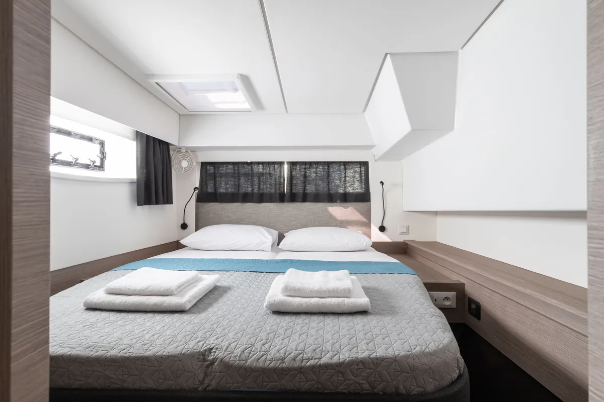 Cabin on Jasmine, a Fountaine Pajot Elba 45 catamaran at Athens, Greece