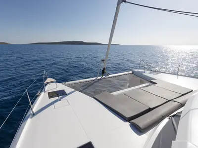 Deck of Jasmine, a Fountaine Pajot Elba 45 catamaran at Athens, Greece