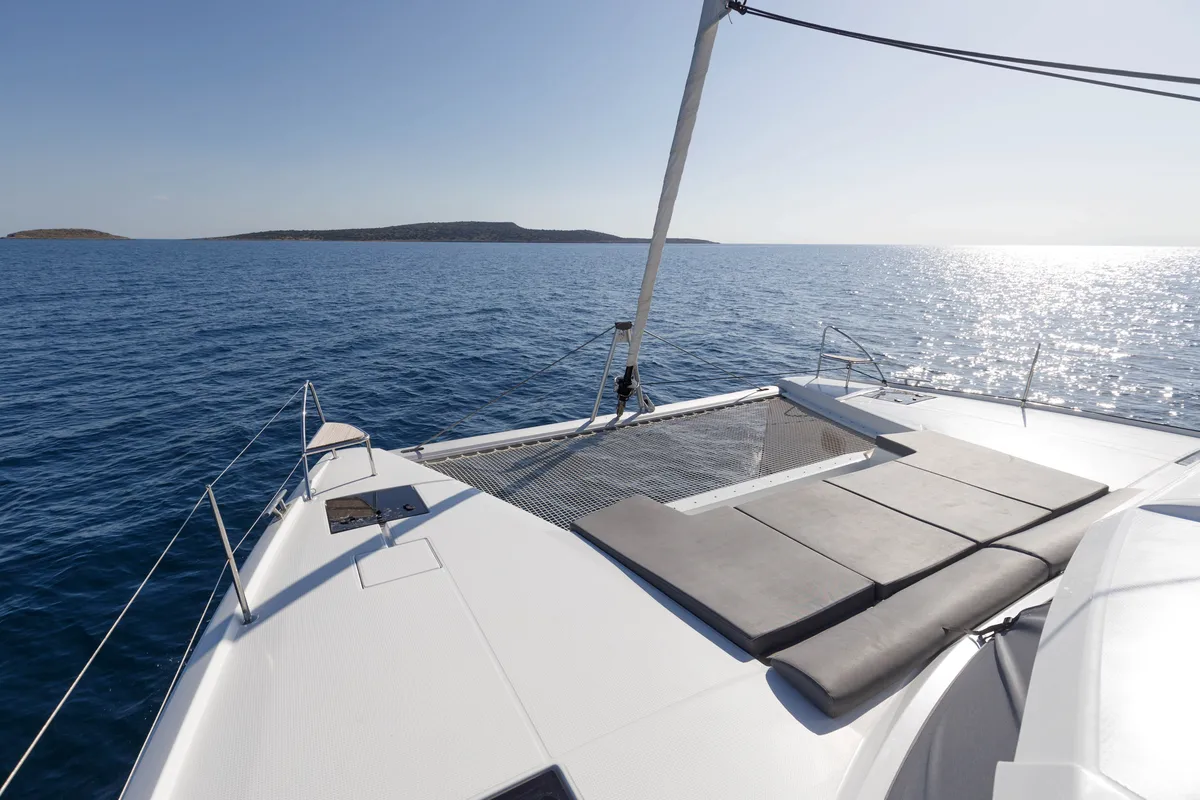 Deck of Jasmine, a Fountaine Pajot Elba 45 catamaran at Athens, Greece