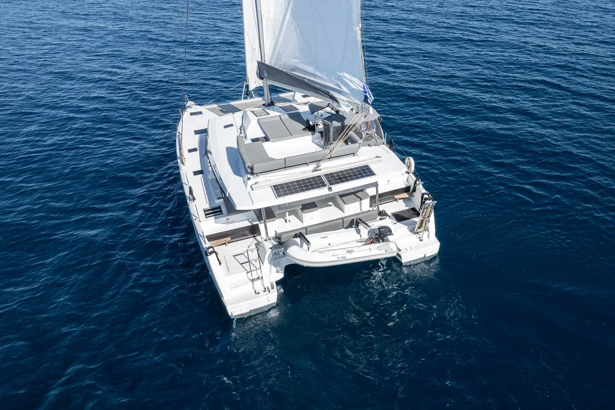 Exterior view of Jasmine, a Fountaine Pajot Elba 45 catamaran at Athens, Greece