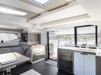 Salon of Jasmine, a Fountaine Pajot Elba 45 catamaran at Athens, Greece