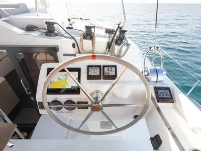 Cockpit of Jasmine, a Fountaine Pajot Elba 45 catamaran at Athens, Greece