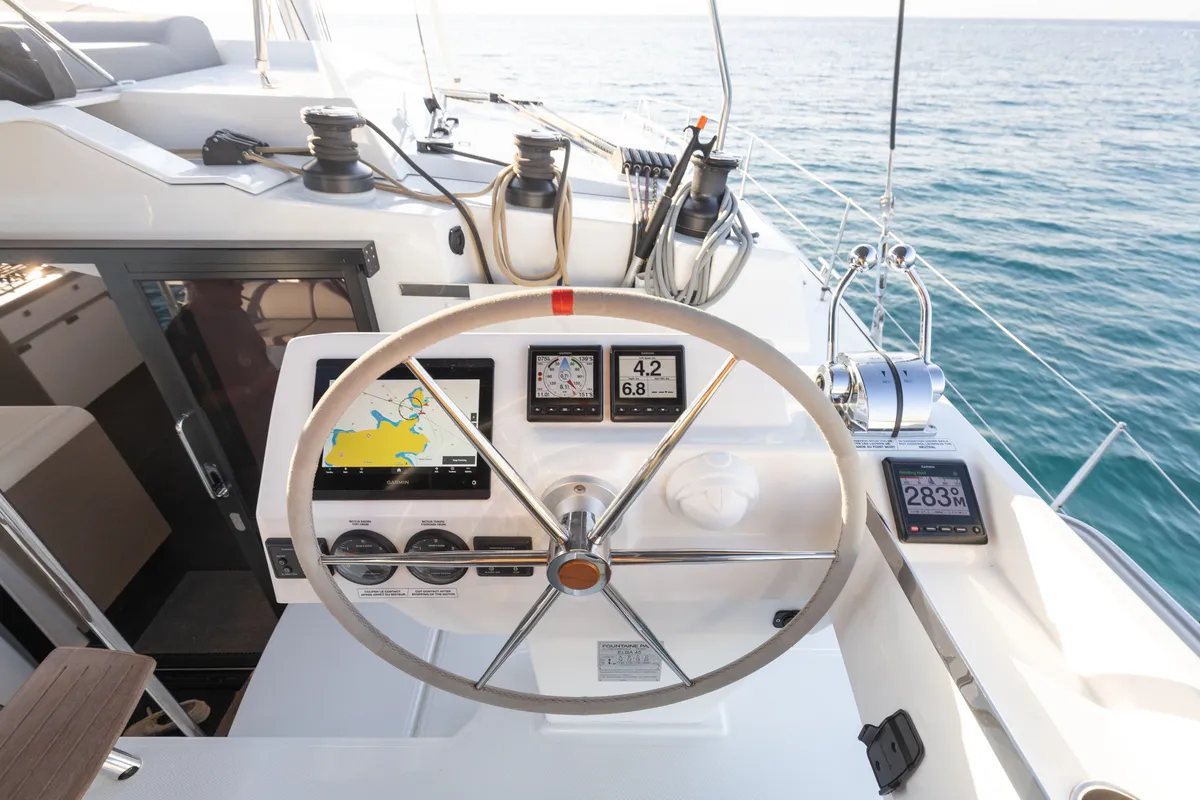 Cockpit of Jasmine, a Fountaine Pajot Elba 45 catamaran at Athens, Greece