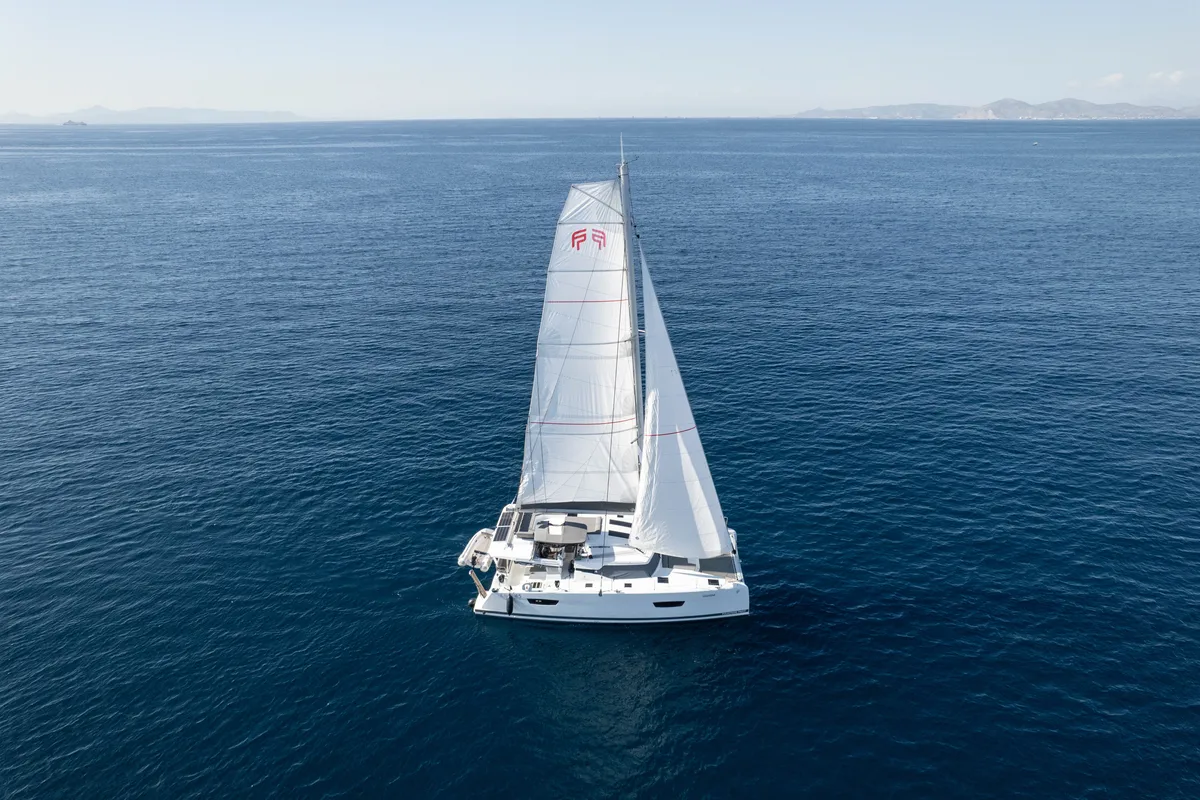 Exterior view of Jasmine, a Fountaine Pajot Elba 45 catamaran at Athens, Greece