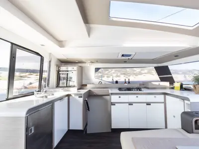 Galley of Jasmine, a Fountaine Pajot Elba 45 catamaran at Athens, Greece