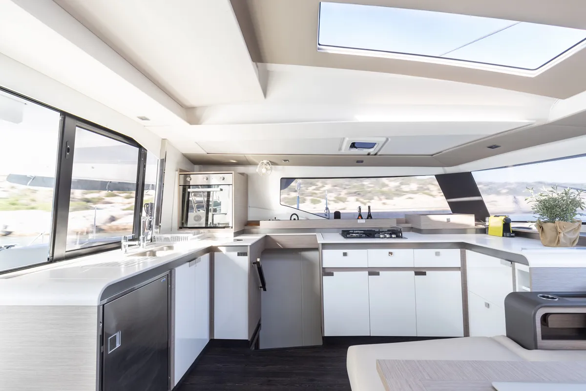 Galley of Jasmine, a Fountaine Pajot Elba 45 catamaran at Athens, Greece