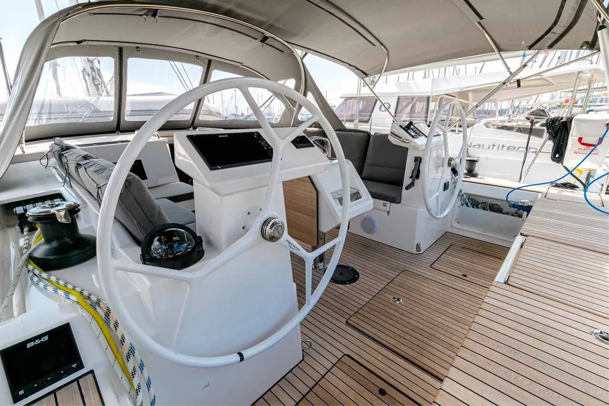 Cockpit of Kayleigh, a Bavaria C45 sailboat at Kontokali, Greece