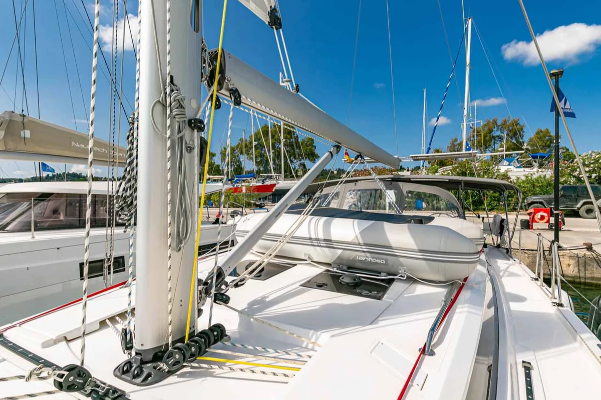 Deck of Kayleigh, a Bavaria C45 sailboat at Kontokali, Greece