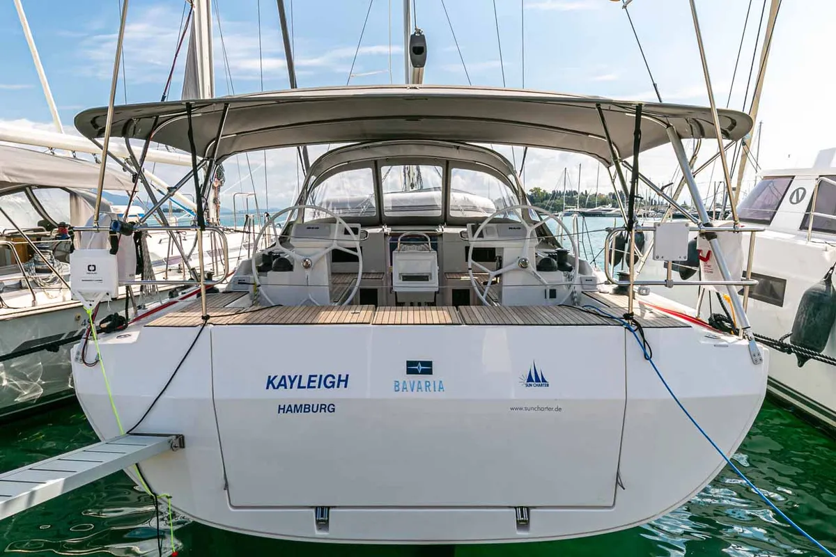 Exterior view of Kayleigh, a Bavaria C45 sailboat at Kontokali, Greece