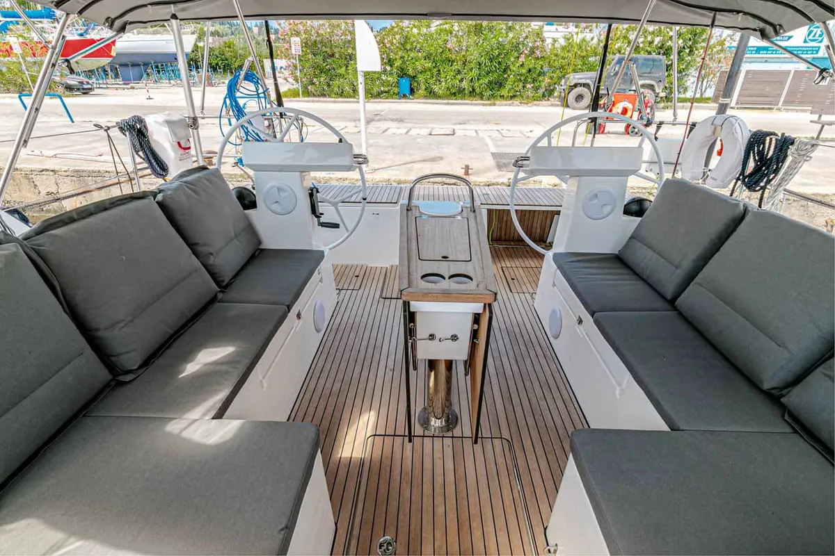 Deck of Kayleigh, a Bavaria C45 sailboat at Kontokali, Greece