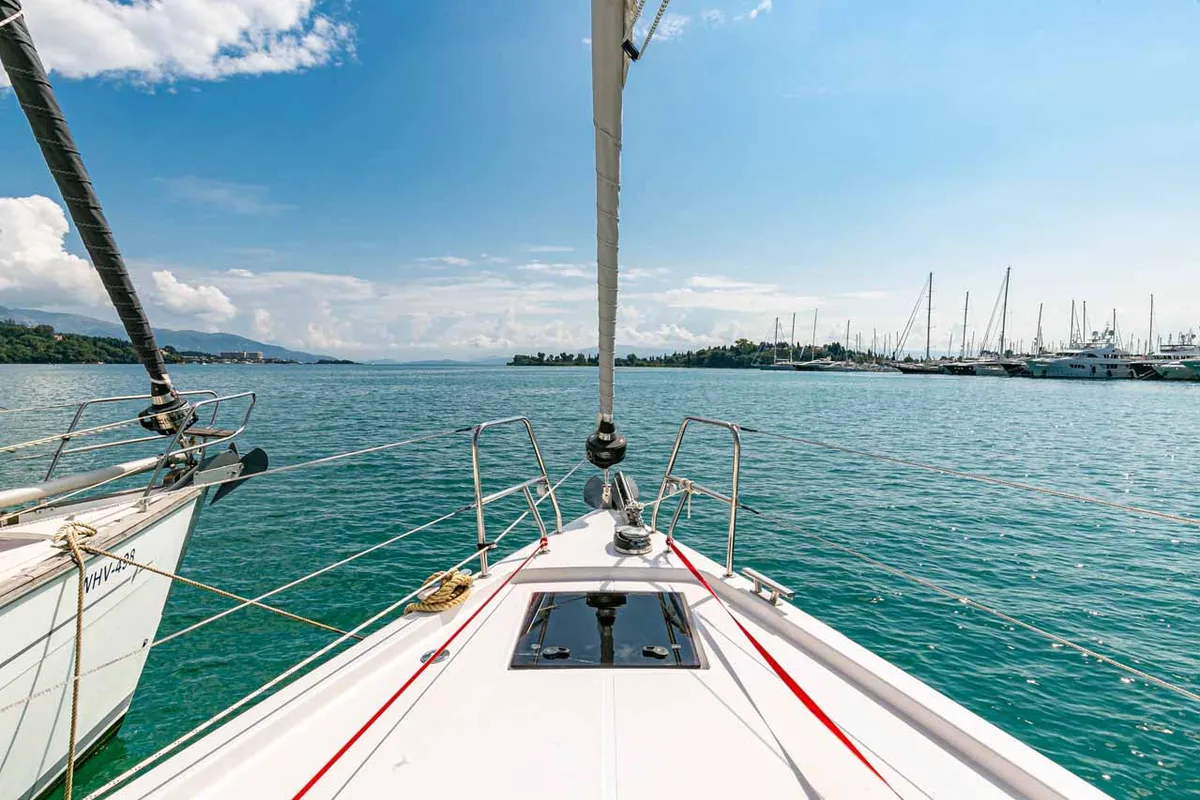 Deck of Kayleigh, a Bavaria C45 sailboat at Kontokali, Greece