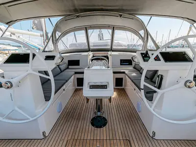Cockpit of Kayleigh, a Bavaria C45 sailboat at Kontokali, Greece