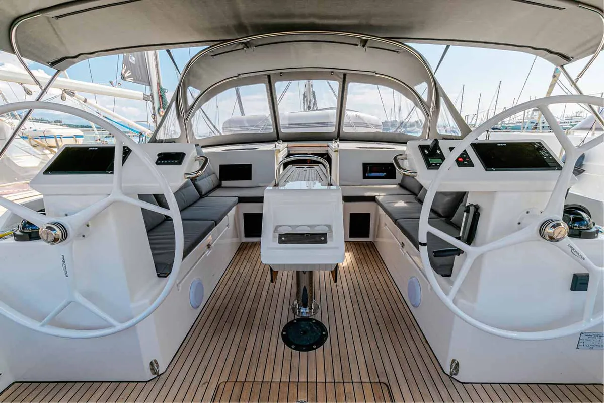 Cockpit of Kayleigh, a Bavaria C45 sailboat at Kontokali, Greece
