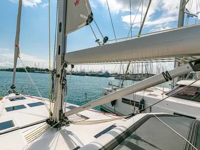 Deck of Kayleigh, a Bavaria C45 sailboat at Kontokali, Greece